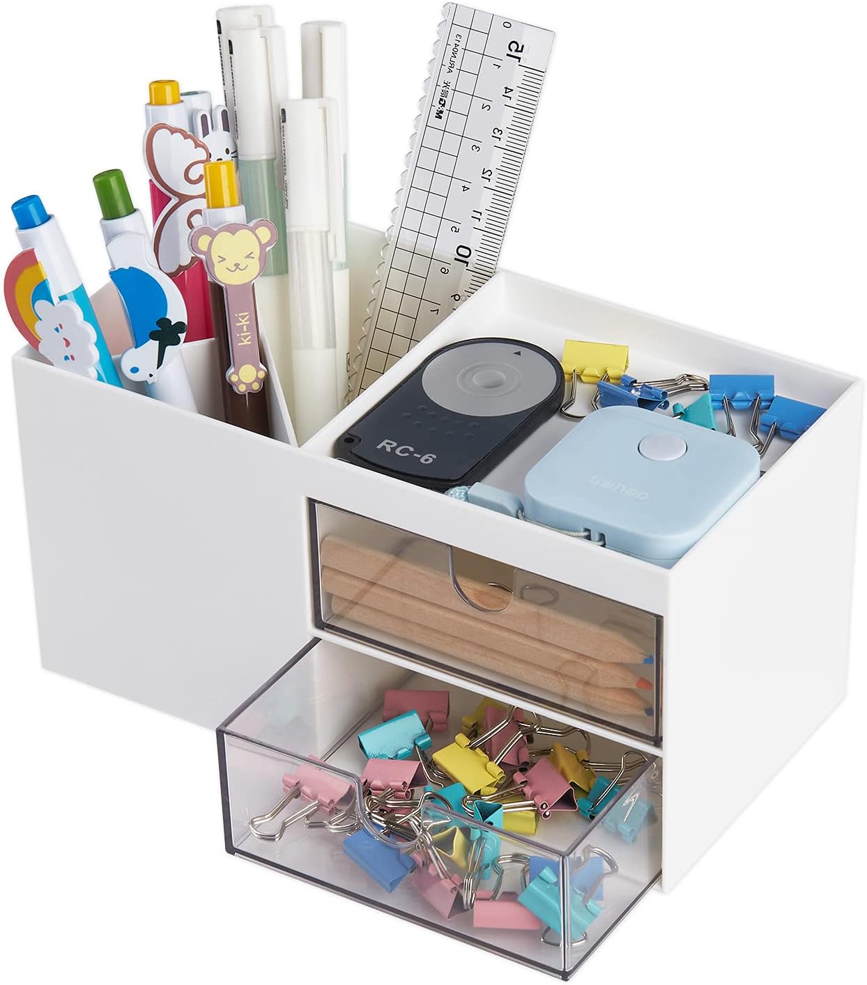 LETURE Office Desk Organizer with drawer, Office Supplies and Desk Accessories, Business Card/Pen/Pencil/Mobile Phone/Stationery Holder Storage Box (White)