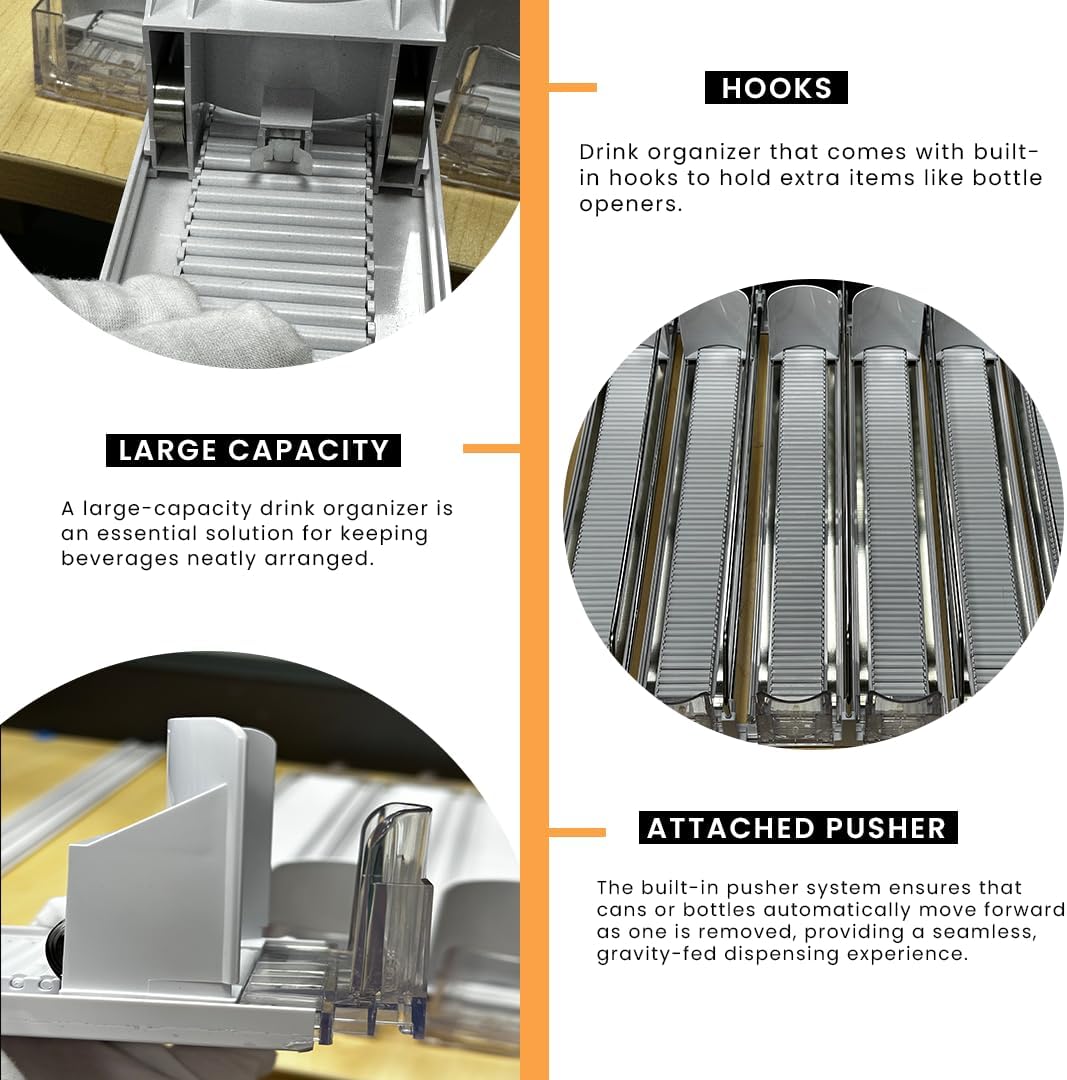 Soda Can Organizer with Automatic Can Pusher | Refrigerator Drink Organizer | Beverage Dispenser for Soda, Cans and Bottles | Space-Saving | Stainless Steel | Adjustable Sizes | 6 Rows