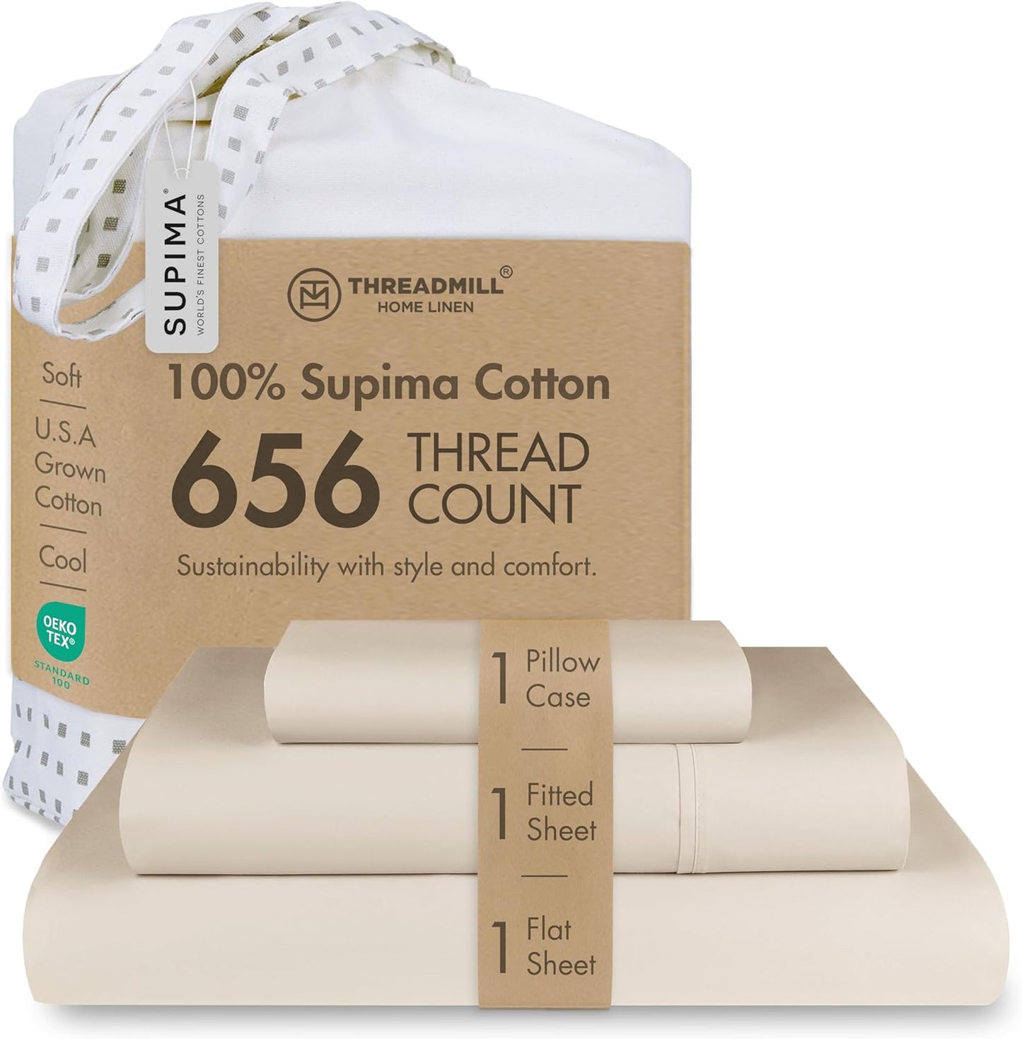 Threadmill Twin XL Sheet Sets | 656 Thread Count 100% Supima Cotton Sheets for Twin XL Mattress |Solid Sateen Twin XL Bed Sheets Set| 16” Deep Pocket | Soft Breathable 3-Piece Cooling Sheet Set |Beige
