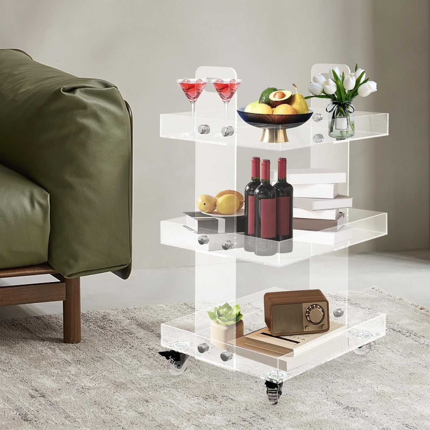 3-Tier Acrylic Utility Rolling Cart with 4 Lockable Wheels,for Storing Kitchenware, Toiletries,Snacks,Vegetables,Fruits,Cosmetics,Documents（16.38 * 13.39 * 27.56in）