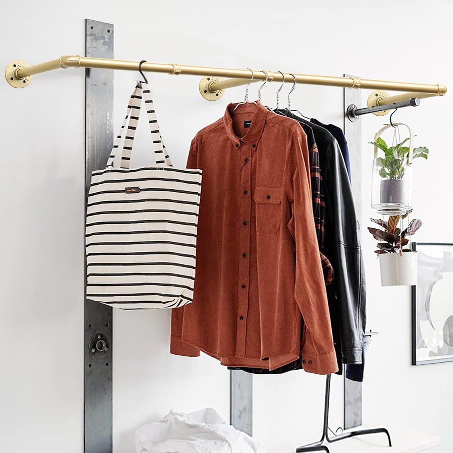 Wall Industrial Pipe Clothes Racks, DIY Floating Hanger Rustic Home Pipe Decor, Mounted Closet Storage Organizer Holder Systems, Heavy Duty Garment Rod Pole For Cloakrooms Bathroom Black Iron