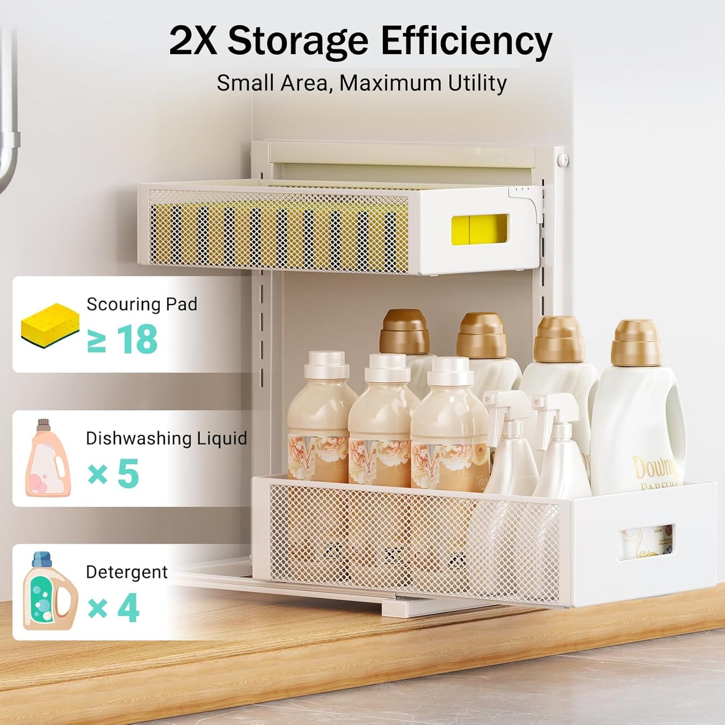 Under Sink Organizer Adjustable Height 2 Tier Bathroom Organizer Pull Out Cabinet Organer kitchen organizers and storage fridge organizers and storage,White,XL-1 Pack