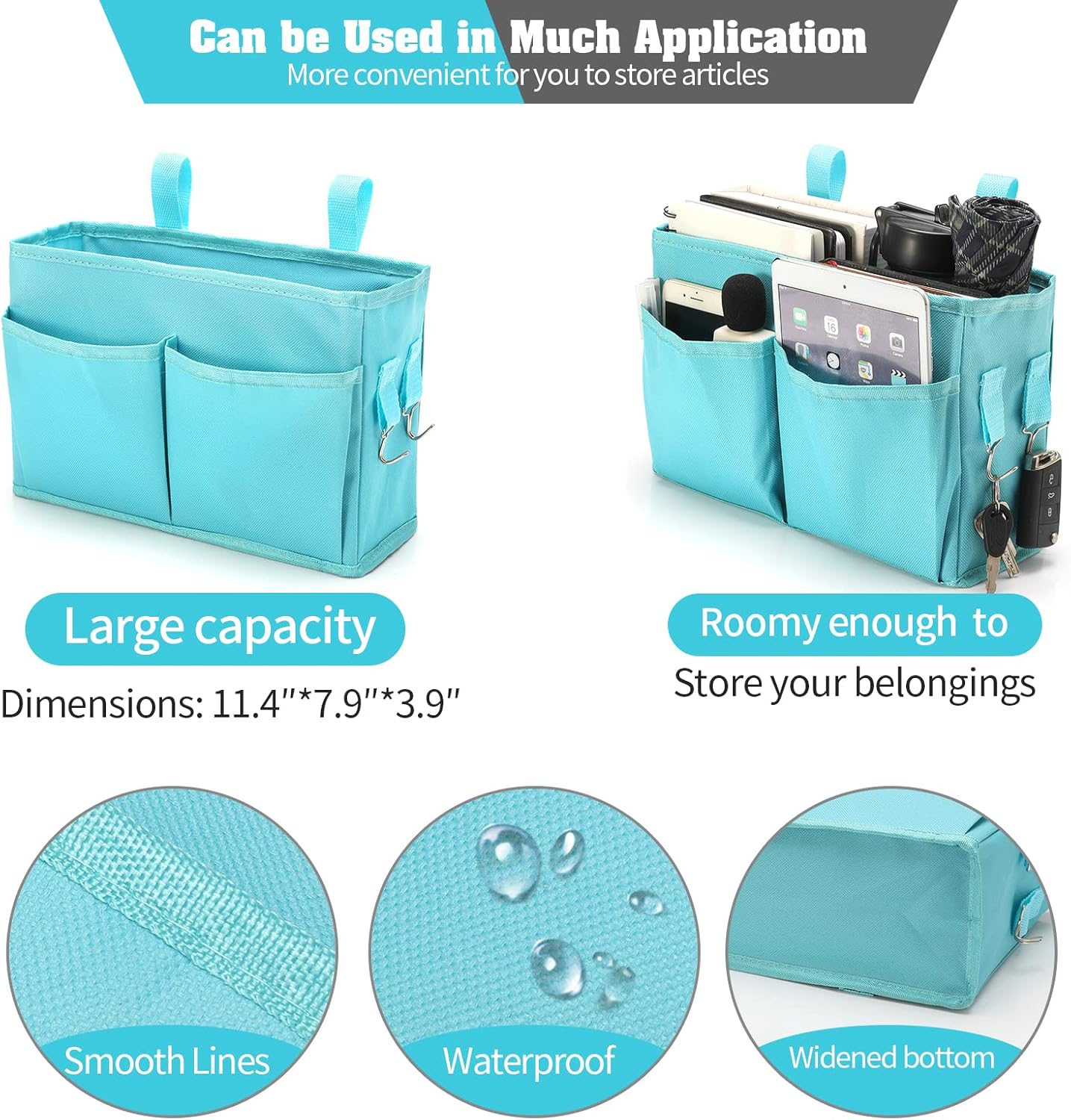 Bseash Bunk Bed Organizer, Bedside Caddy Hanging Bed Organizer Storage Bag with 4 Pockets and 2 Hooks, for College Dorm Rooms Bed, Hospital Bed, Baby Bed Rails, 600D Oxford Cloth (Light Blue)