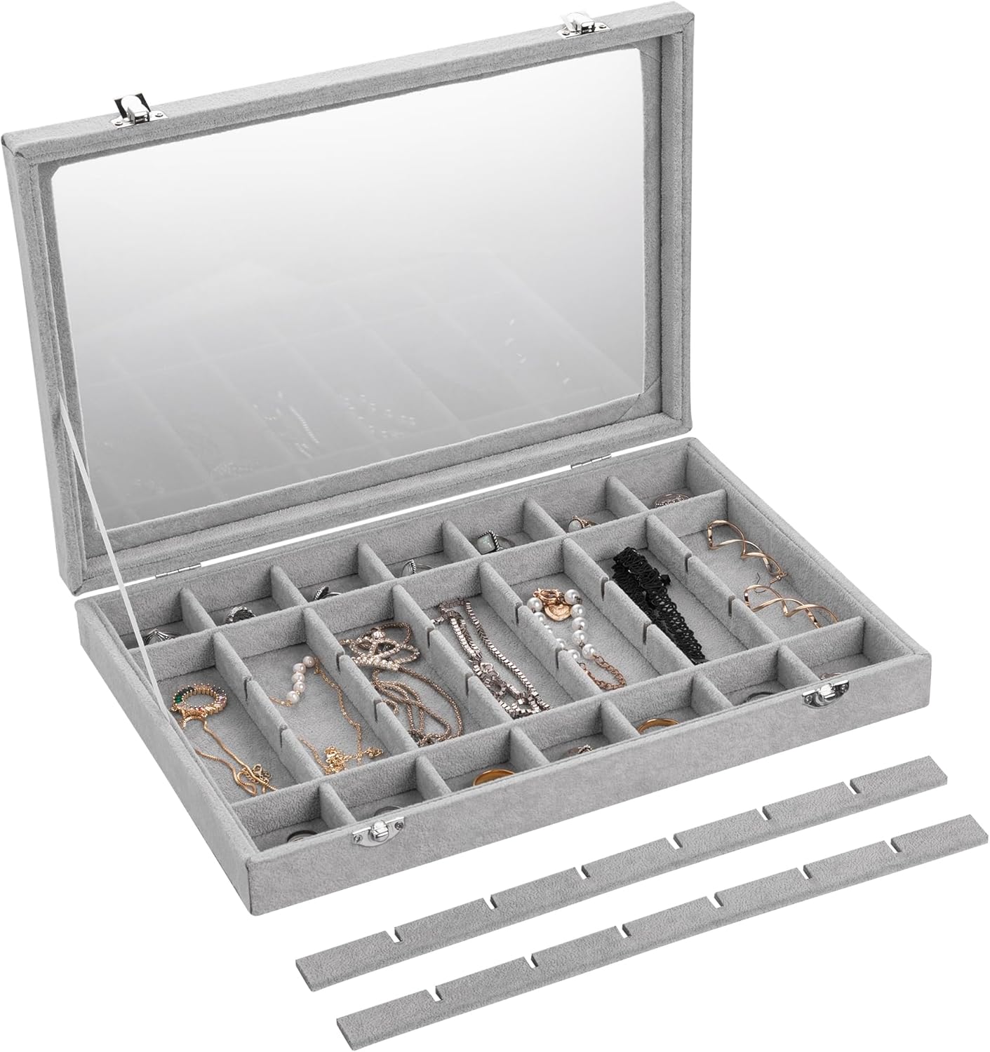 Frebeauty Velvet Jewelry Tray,35 Grid Jewelry Organizer with Clear Lid,Earring Holder Organizer Case with Clasp,Drawer Insert for Rings Studs,13.8 x 9.5 x 2 Inches,Gift for Women Girls(Grey)
