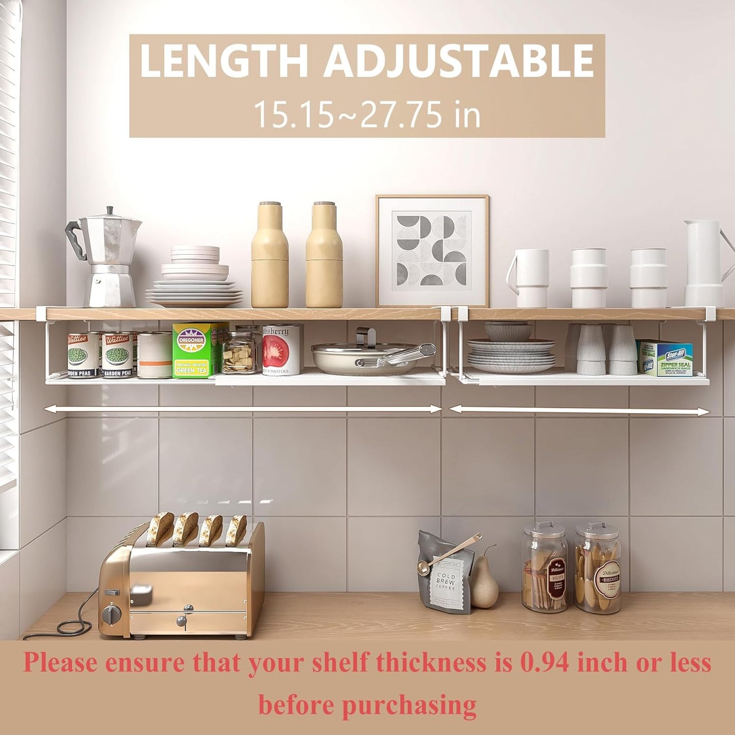 Expandable Under Cabinet Shelf, Extendable Under Shelf Storage with 0.94 Inches Thick Clips for Shoe Rack, Pantry Cabinet, Laundry Room. (White, 1 Pack, Interior: 6" H x 8.26" D)