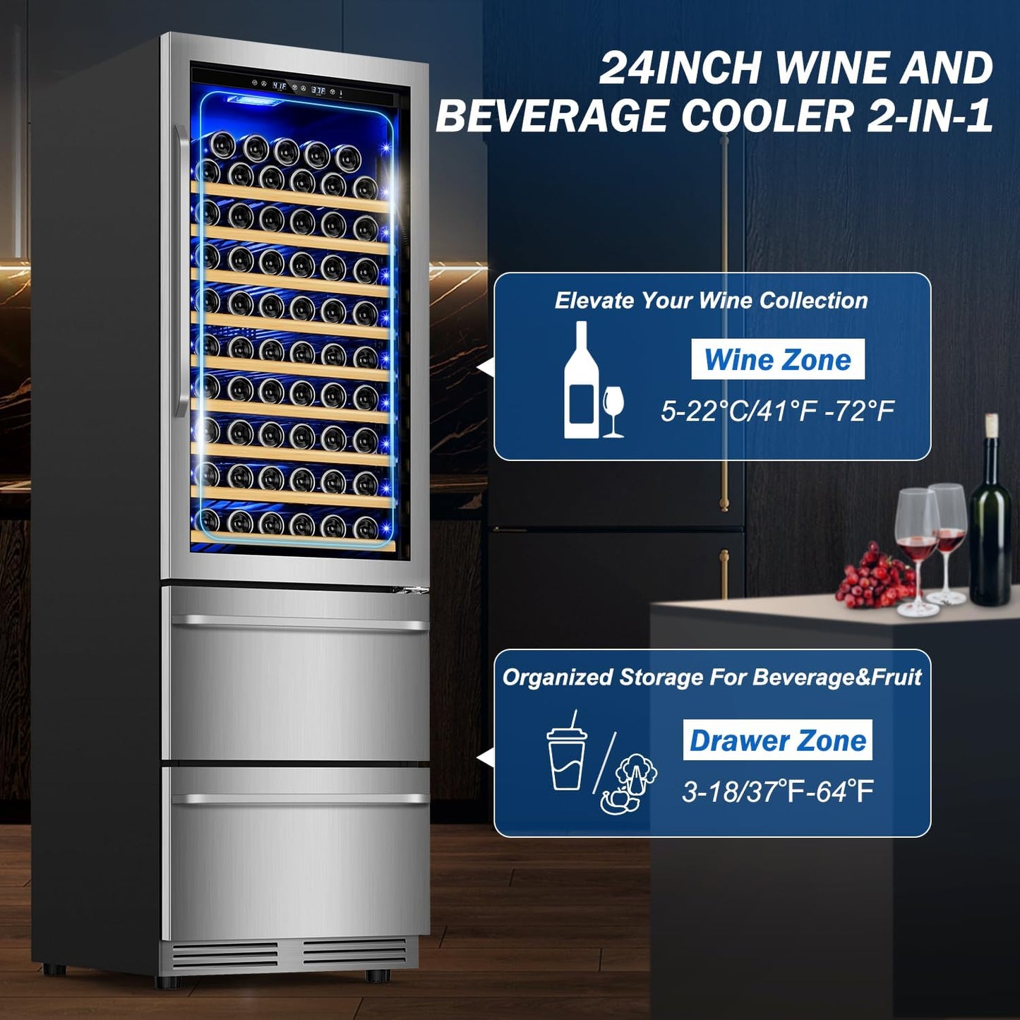 24 Inch Wide Wine and Beverage Refrigerator With Dual Drawer, 2 IN 1 Dual Zone Wine Cooler, Built-In or Freestanding Beverage Fridge, for Home Bar Kitchen, Hold Up To 107 Bottles and 149Cans