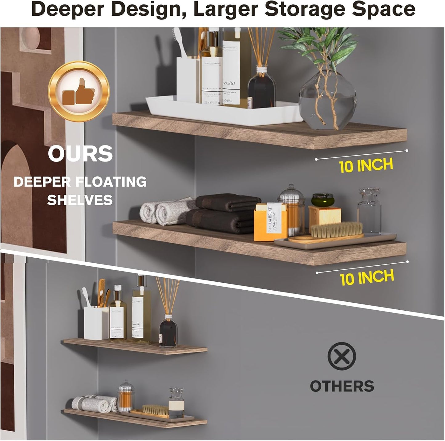Wall Shelf Set of 3, Walnut Floating Shelves 24 in W x 10 in D x 1 in H, Wooden Floating Wall Shelf with Invisible Brackets for Living Room/Bedroom/Bathroom/Kitchen Storage and Decor