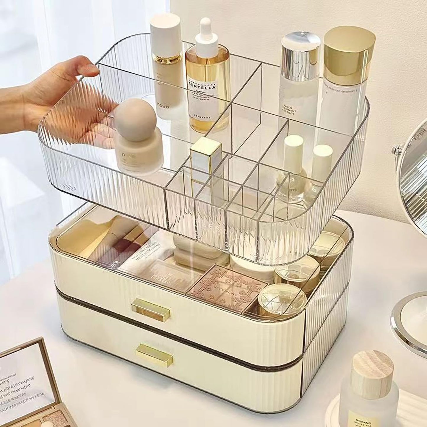 MIUOPUR Makeup Organizer with Stackable Drawers, Bathroom Vanity Organizers and Storage, Ideal for Desk and Dresser Countertops, Great for Cosmetics, skincare, Lipsticks, Nail Care -Cream