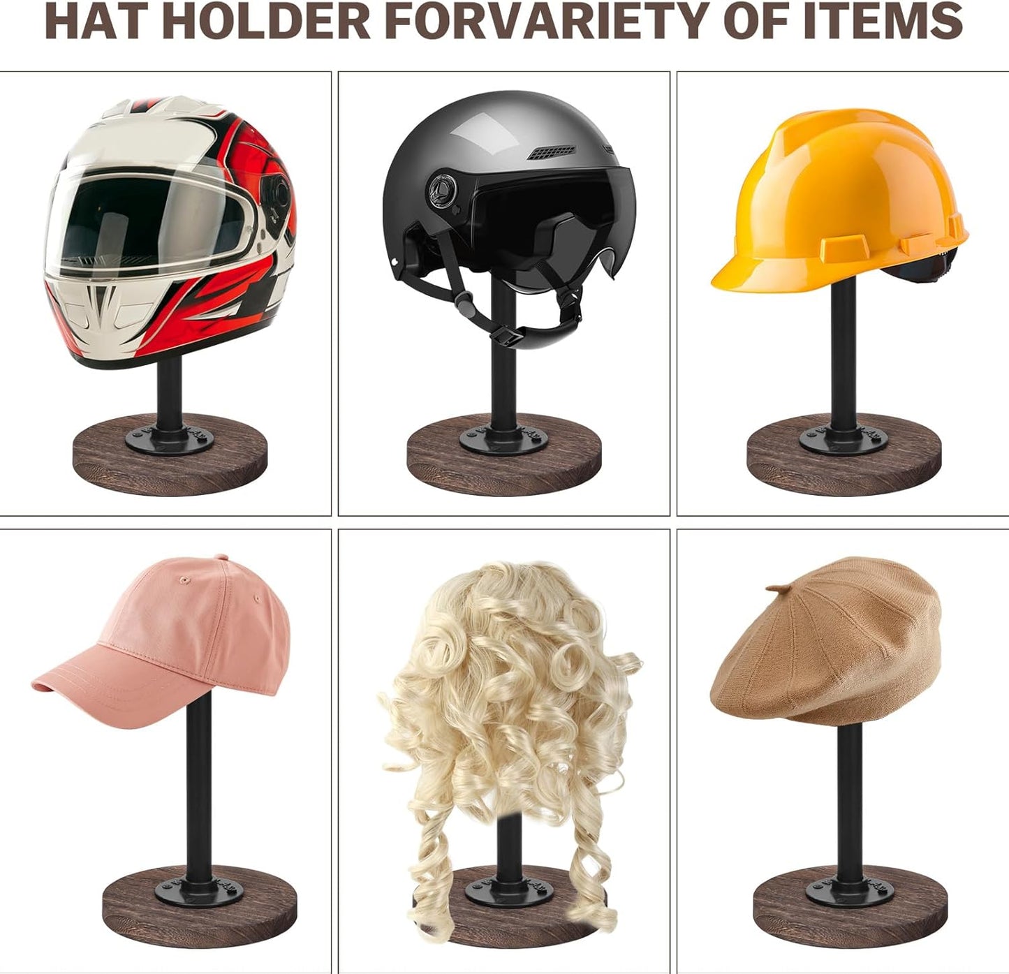 4Pcs Tabletop Hat Stand Cap with Height Adjustment, Industrial Metal Pipe Rustic Burnt Wood Hat Rack, Wig Rack for Chapeau, Cowboy Hat, Helmet