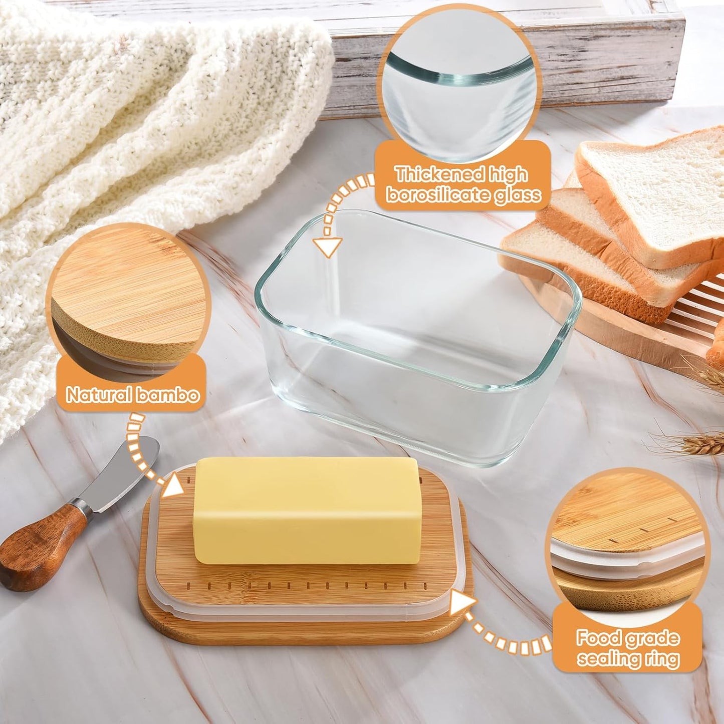 Butter Dish With Glass Lid - Airtight Seal for Freshness, Large Butter Dish for East and West Coast Butter, Ideal for Countertop and Refrigerator Storage, Premium Glass Butter Keeper