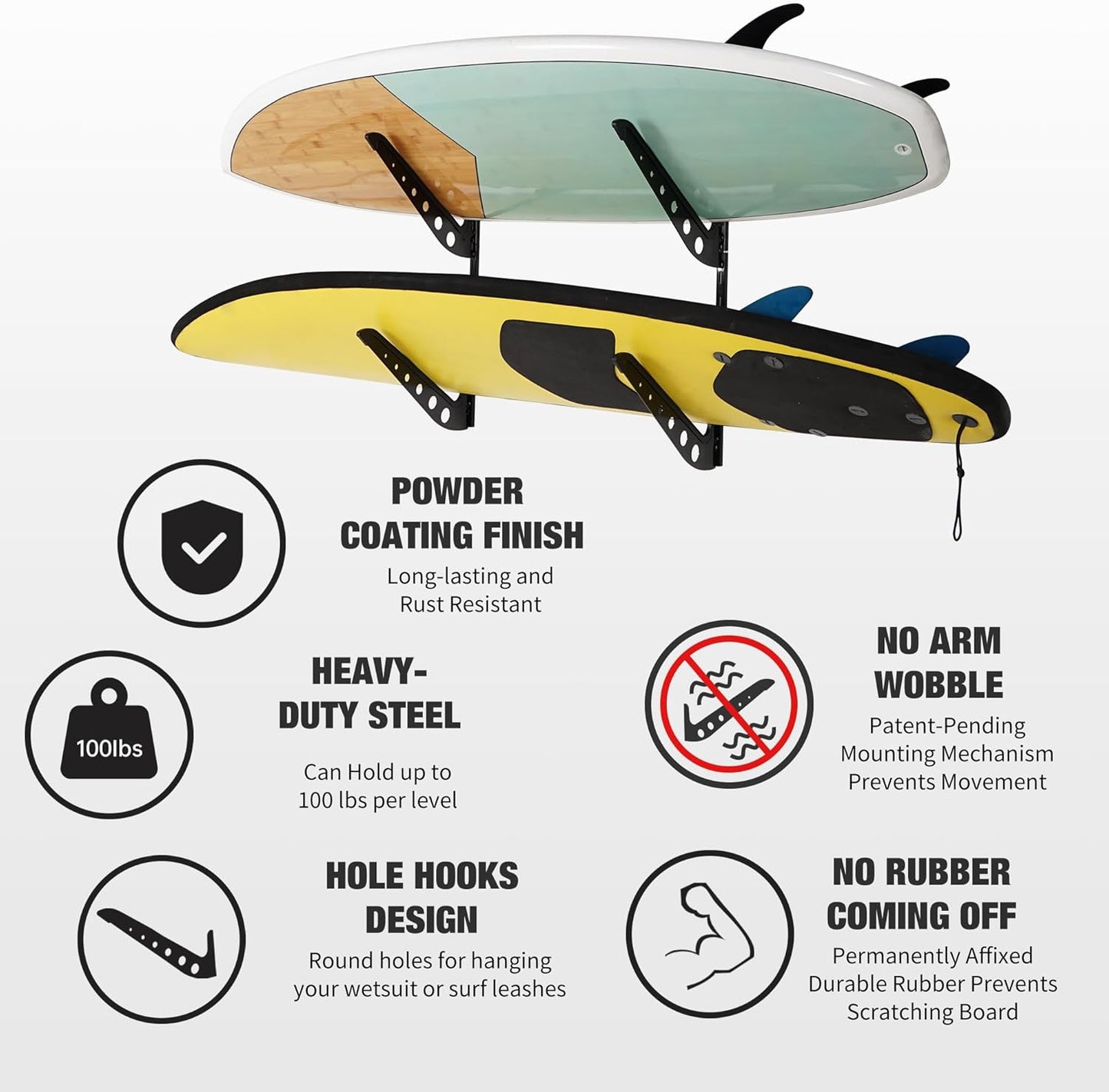 2 Board Surf Rack Wall Mount for Surfboard, Wakeboard, Snowboard Storage Adjustable Wall Hangers Boards Display Black