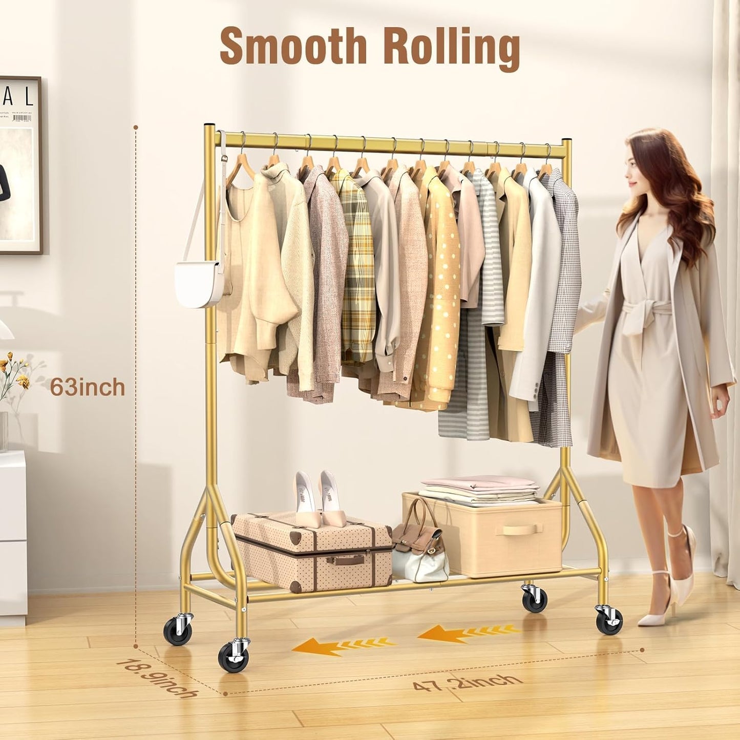 EAGMAK Heavy Duty Clothes Rack Load 420 LBS, Rolling Garment Rack with Lockable Wheels, Standing Metal Clothing Rack, Portable Wardrobe Sturdy Coat Rack for Hanging Clothes (Gold, 47.2″×18.9″×63″)