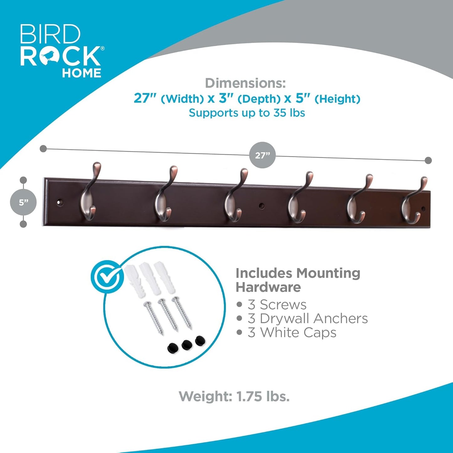 BIRDROCK HOME Hook Coat and Hat Rack - 6 Dual Hanging Coat Hooks for Wall Mount - Decorative Storage for Entryway Foyer Hallway Bathroom & Bedroom - 27", Dark Brown w/Oil Rubbed Bronze Hooks - 2 Pack