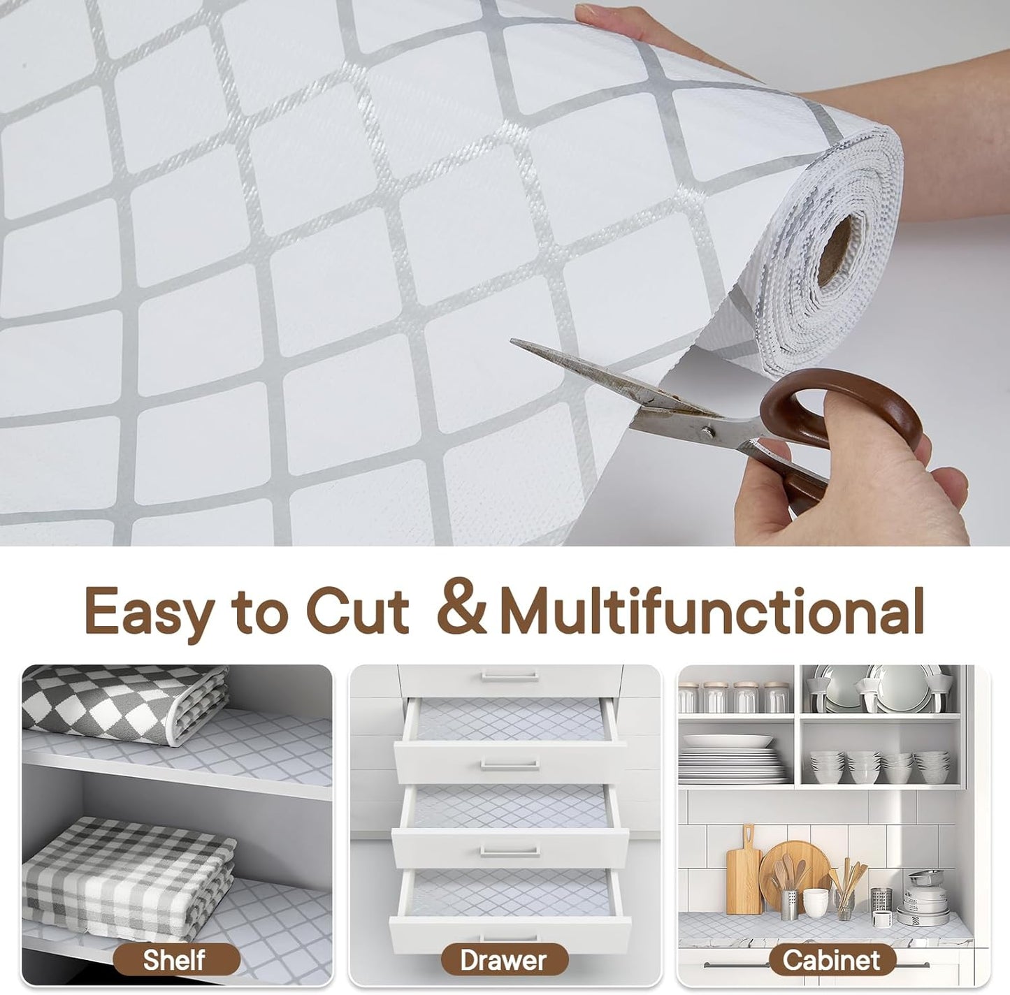 Shelf and Drawer Liner for Kitchen Cabinets Non-Adhesive, Strong Grip Non-Slip Thickened Cabinet Liners for Shelves, Waterproof Mats for Dresser Cupboard, Silver Stripe, 12 in x 10 Feet