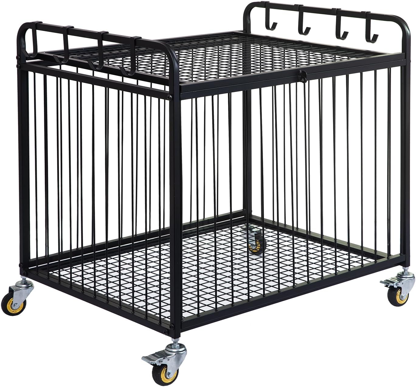 Matt Black Metal Rolling Cart Ball Gym Equipment Sports Gear Storage Portable Wheel Basket Lockable Cage Raised Handle Athletic Basketball Football Soccer Volleyball Racket School PE Class