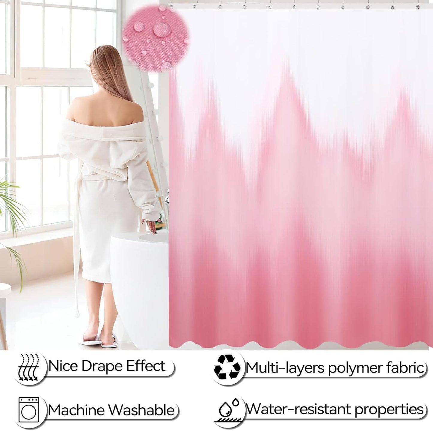 iMucci Bathroom Accessories Pink Bathroom Sets with Shower Curtain and Rug, Pink Ombre Waterproof Shower Curtain with Ultra Absorbent Rug Bathroom Accessories Set for Home Decor