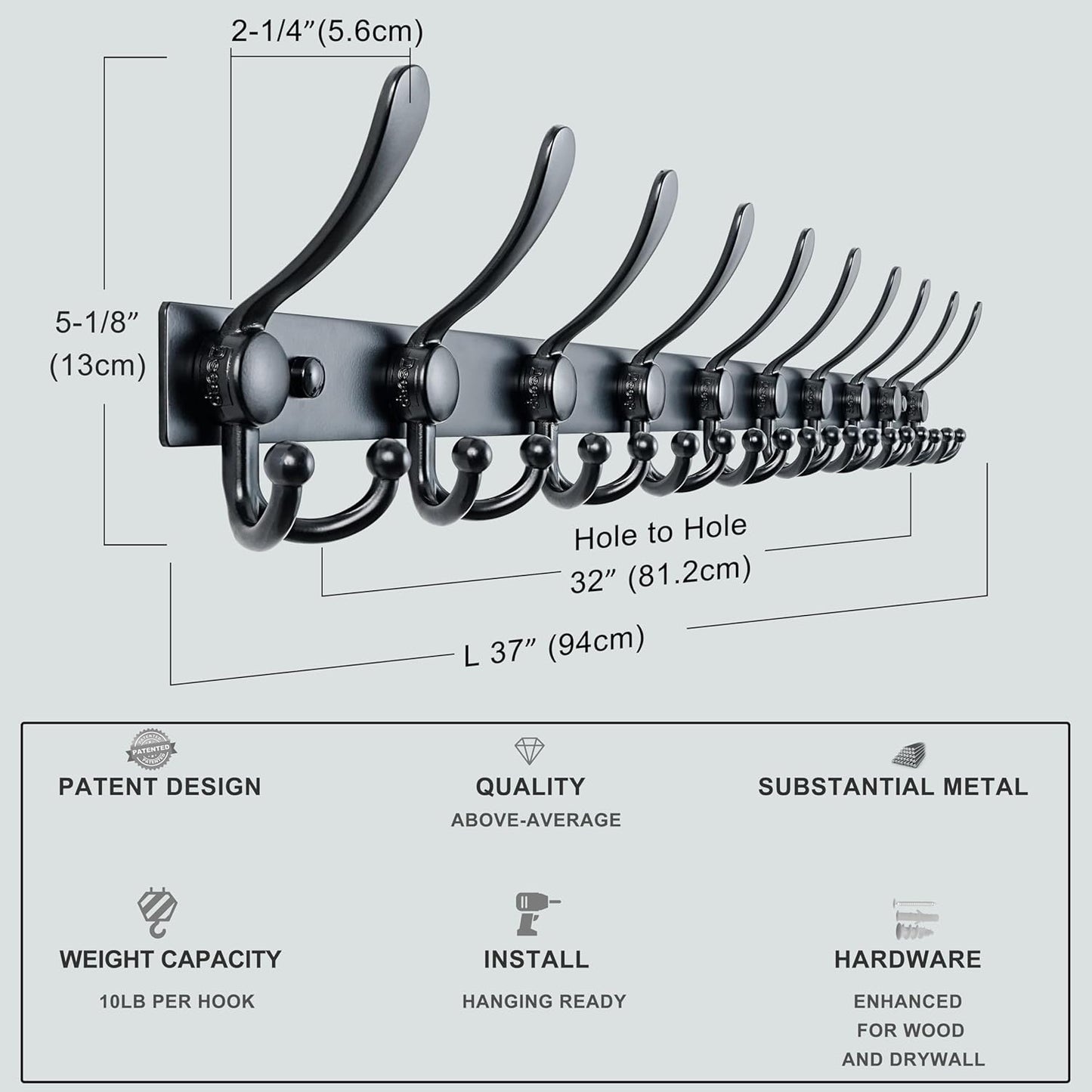 Dseap MaxStrong 2.0 Coat Rack Wall - 37” Long 10 Tri Hooks - Ultra Heavy-Duty Stainless Steel Wall Mount Coat Hanger, Hook Rail for Clothes Hats Jacket Towels Black