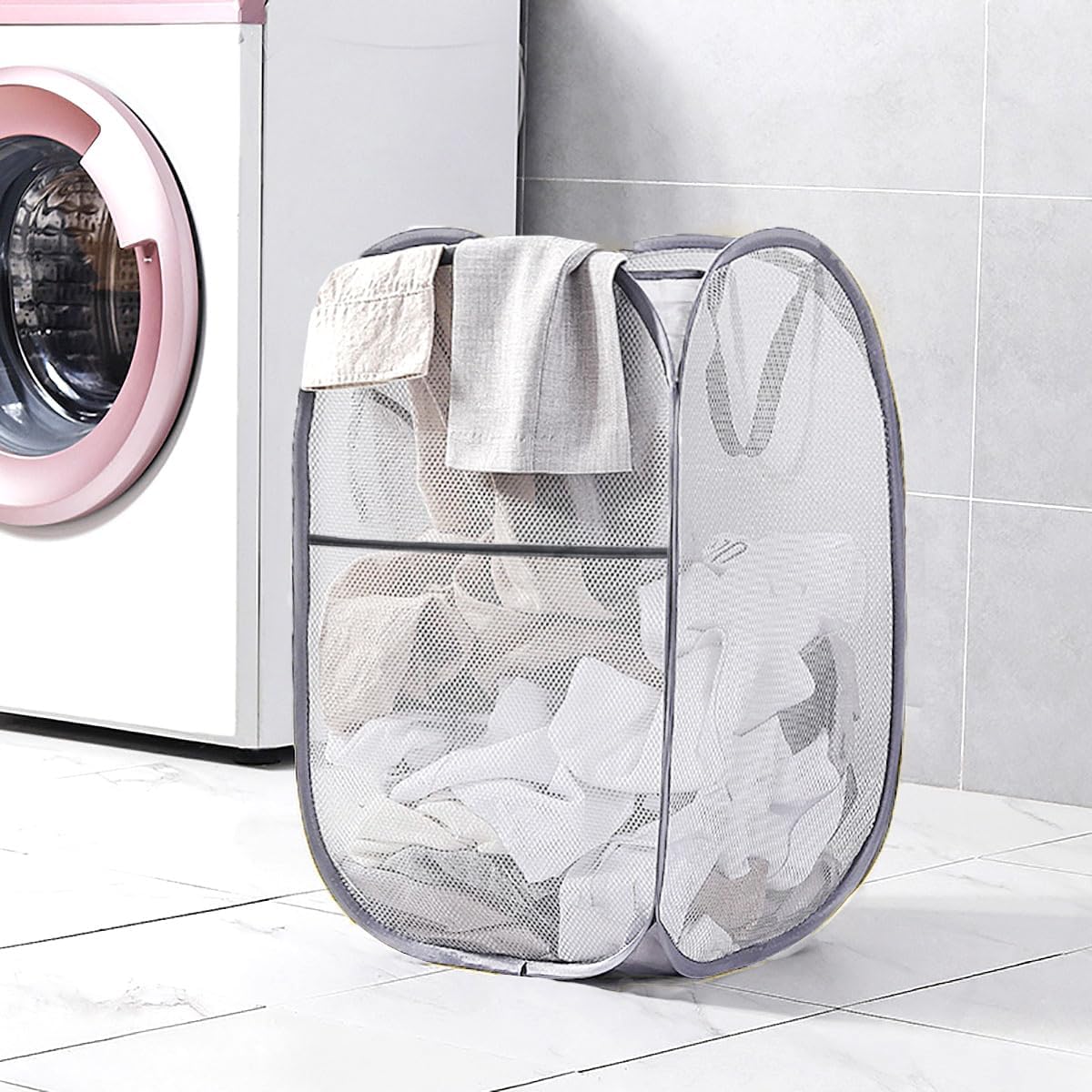 Larpur 2 Pcs Popup Mesh Laundry Baskets, Collapsible and Portable Clothes Washing Laundry Hampers with Reinforced Carry Handles, Gray Clothes Hamper for Home, Travel, College Dorm
