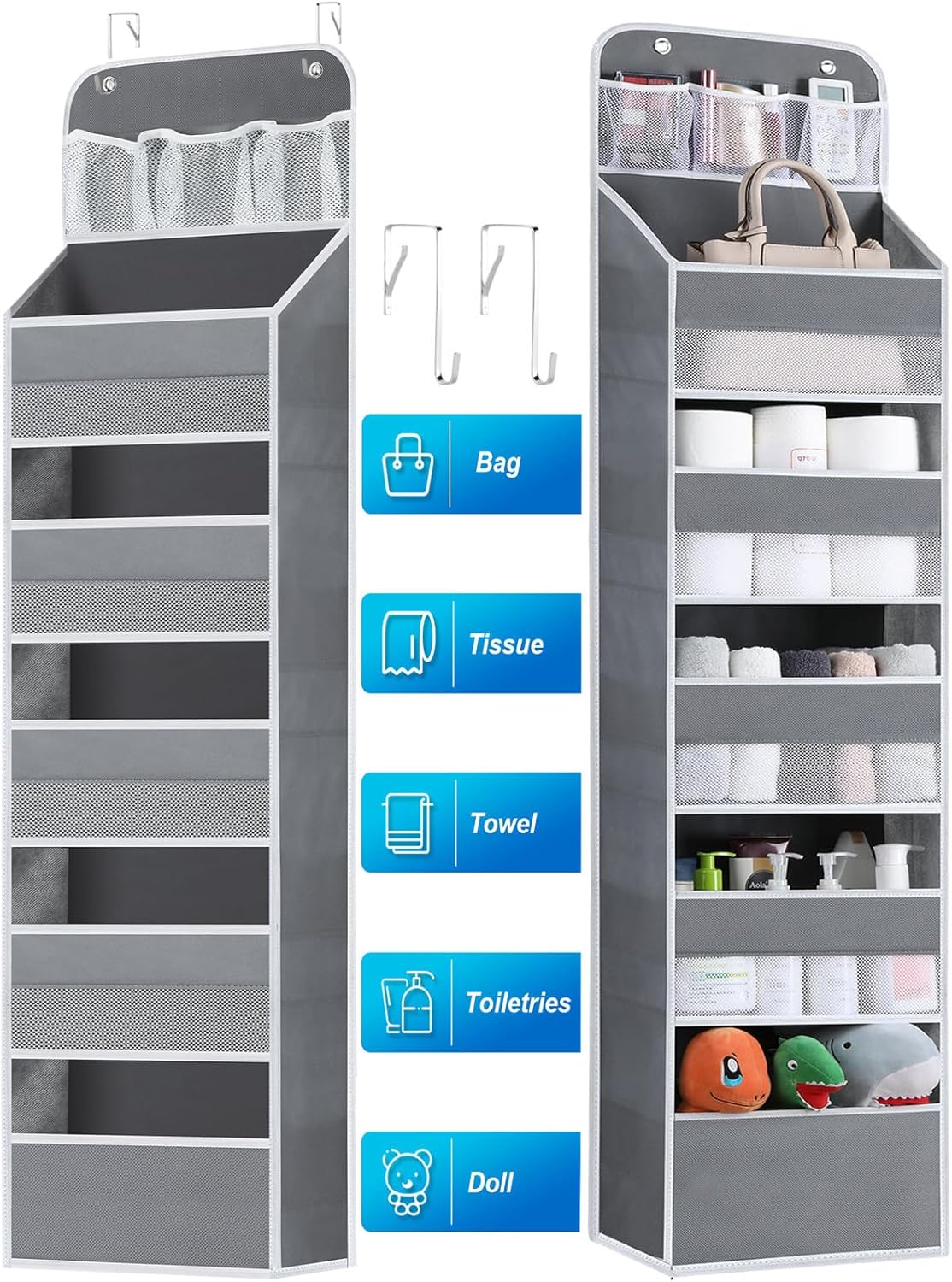 Over the Door Organizers - 5 Shelf Hanging Door Storage with 5 Spacious Pockets, Anti -Tilt 44 lb Load Behind Door Organizer for Bedroom,Nursery,Bathroom,Kitchen,Dorm,Pantry - 1 Pack,Grey