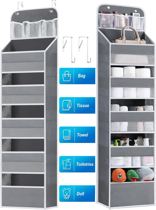 Over the Door Organizers - 5 Shelf Hanging Door Storage with 5 Spacious Pockets, Anti -Tilt 44 lb Load Behind Door Organizer for Bedroom,Nursery,Bathroom,Kitchen,Dorm,Pantry - 1 Pack,Grey