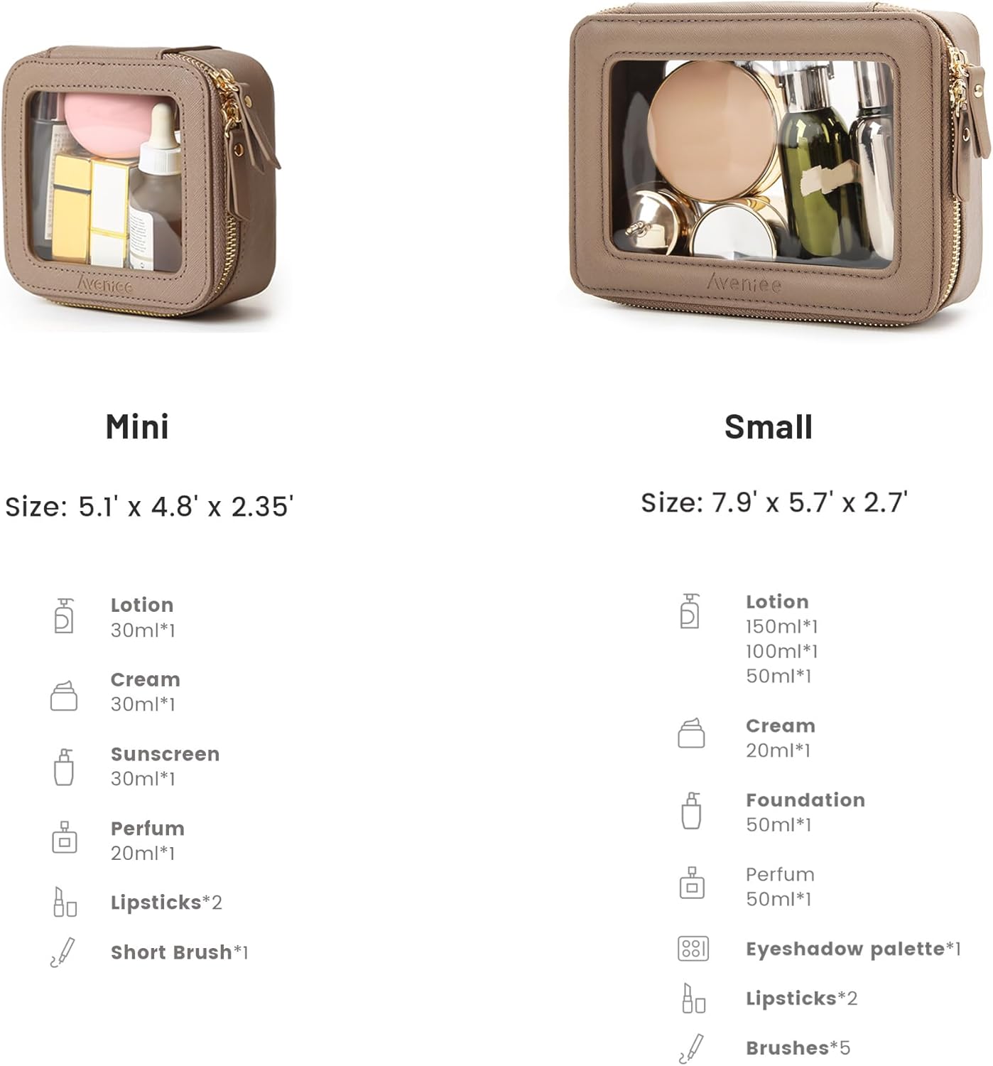 Aveniee Clear Makeup Bag Set (2-Piece Mini & Midi) - Travel Toiletry Organizer for Women, Waterproof Cosmetic Pouch & Car Accessory for Travel Size Toiletries, Taupe