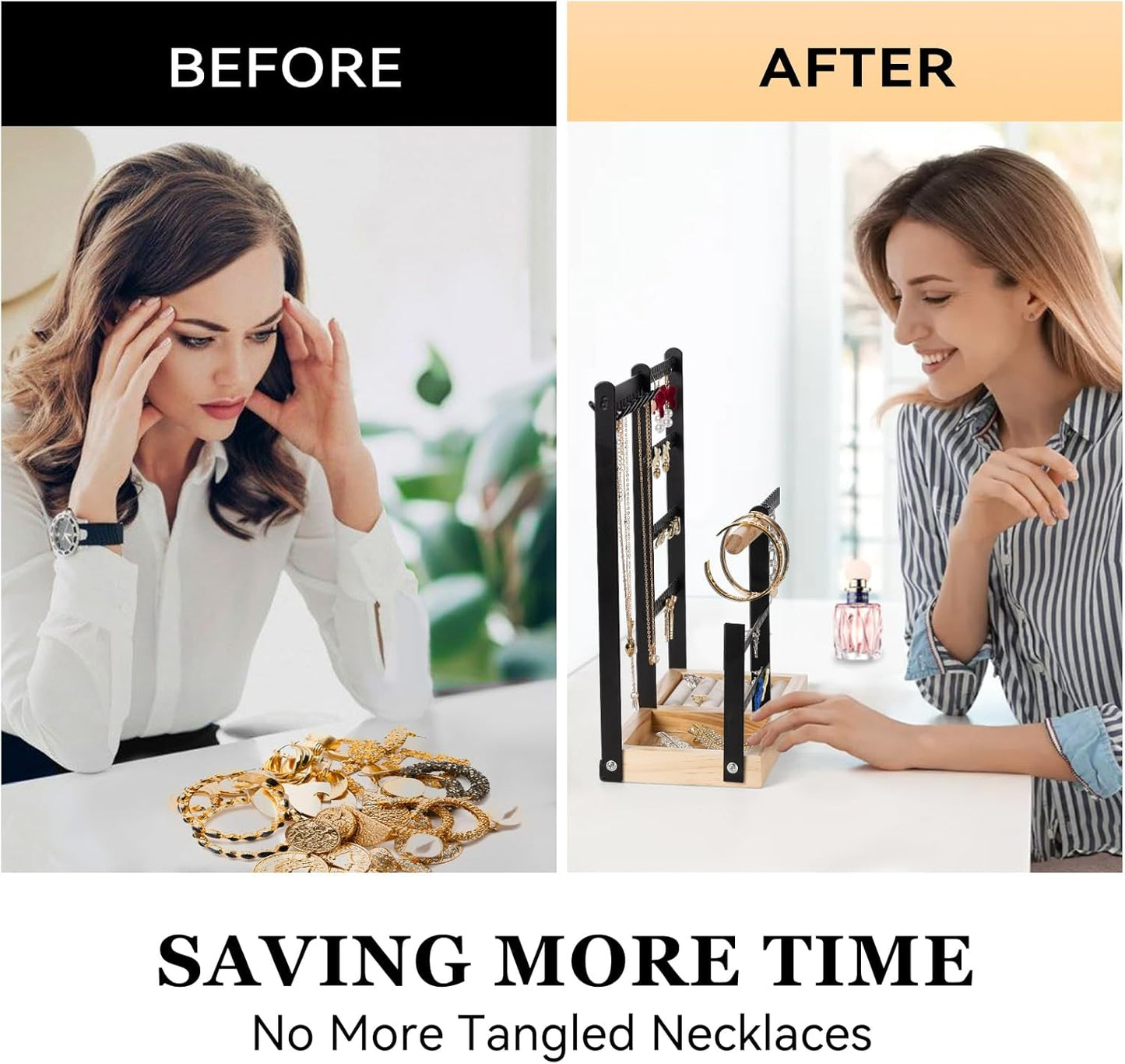 DreamGenius Jewelry Organizer Stand with Velvet Ring Holder, 4 Tier Jewelry Holder Organizer with 11 Hooks for Necklaces and 132 Holes for Earrings, Black