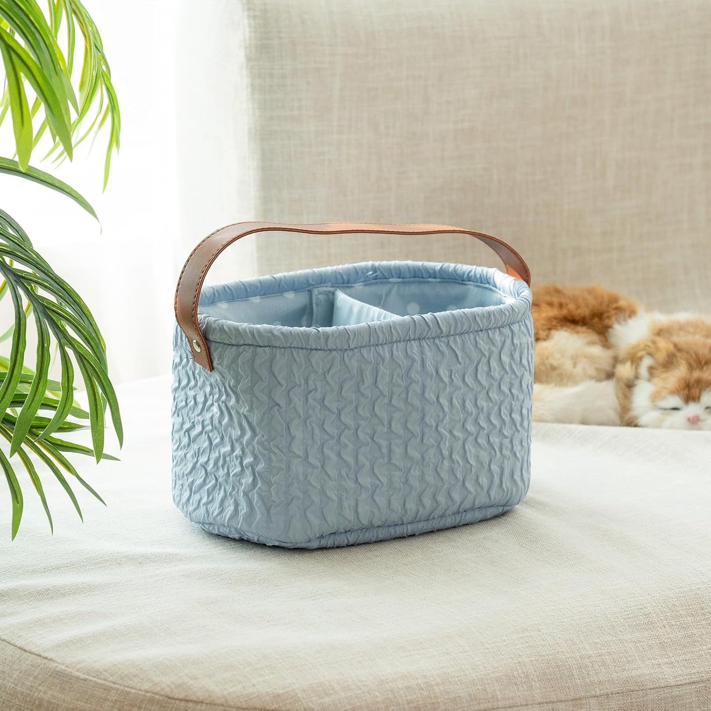 Blue Oval Double Compartment Pleated Fabric Basket - Quilted Fabric Storage Basket with PU Carrying Handle - Collapsible Organizer for Home, Picnic, Shopping, Traveling