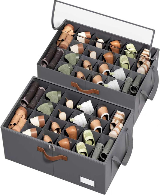 2 Pack Shoe Organizer for Closet, Foldable Shoe Storage Organizer with Clear Cover, Lable and Reinforced Handles, Space Saving Shoes Box Fits up to 20-40 Pairs, Gray