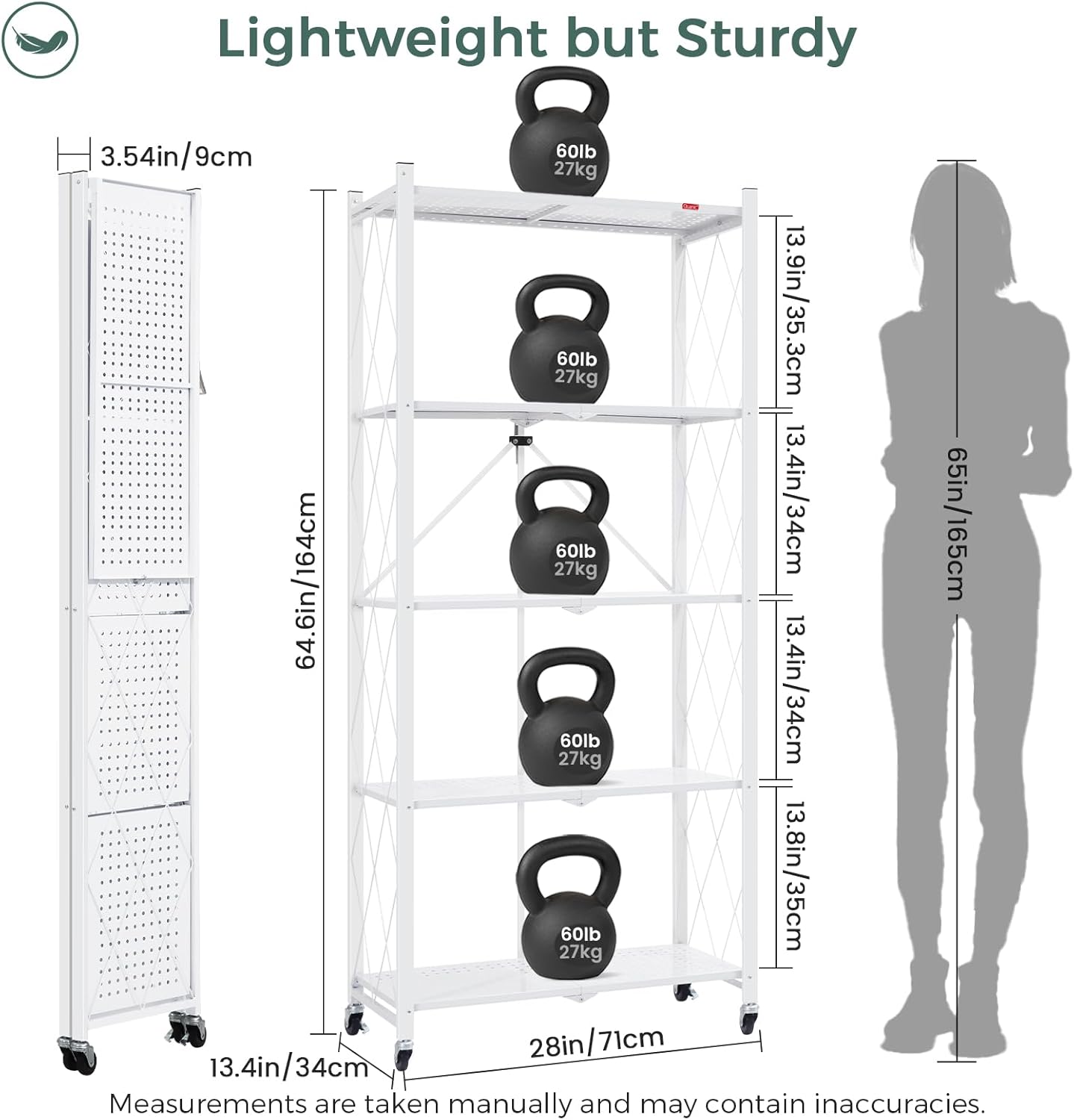 DEANIC 5 Tier Foldable Storage Shelves with Wheels, Large Capacity Shelving Unit, Freestanding Metal Wire Shelf Rack, No Assembly Organizer Rack for Garage Kitchen, Basement, Pantry(White Pack of 2)