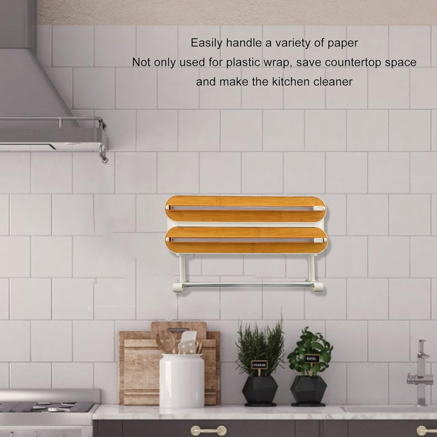 3 in 1 Plastic Wrap Dispenser, Wall Mounted Magnetic Kitchen Organizer with 2 Slots and Hidden Blades, for Aluminum Foil Wax Paper Cling Wrap Storage