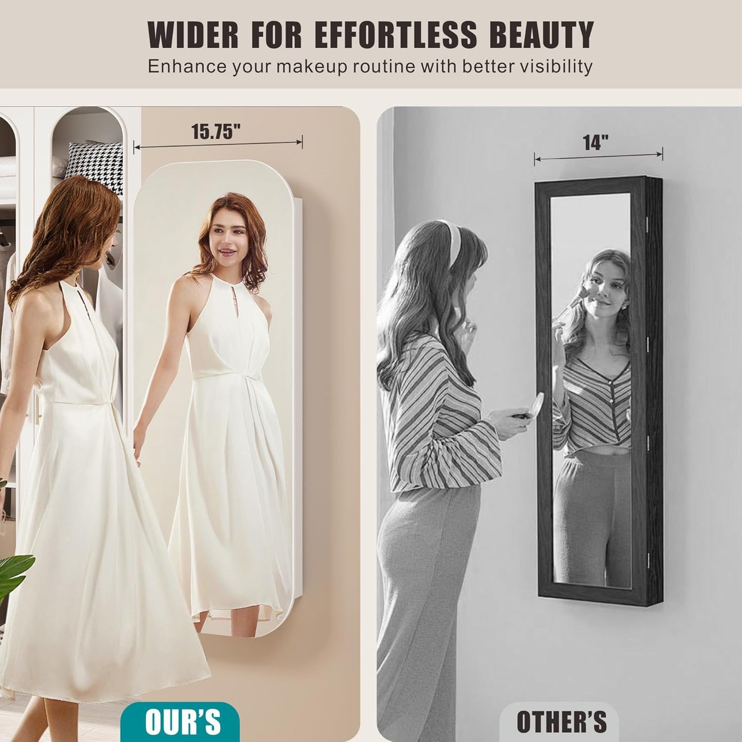 6 LED Mirror Jewelry Cabinet - Wall/Door Mounted Jewelry Armoire with Large Capacity - Lockable Tall Hanging Organizer - Cosmetic Storage & Gift Idea - White