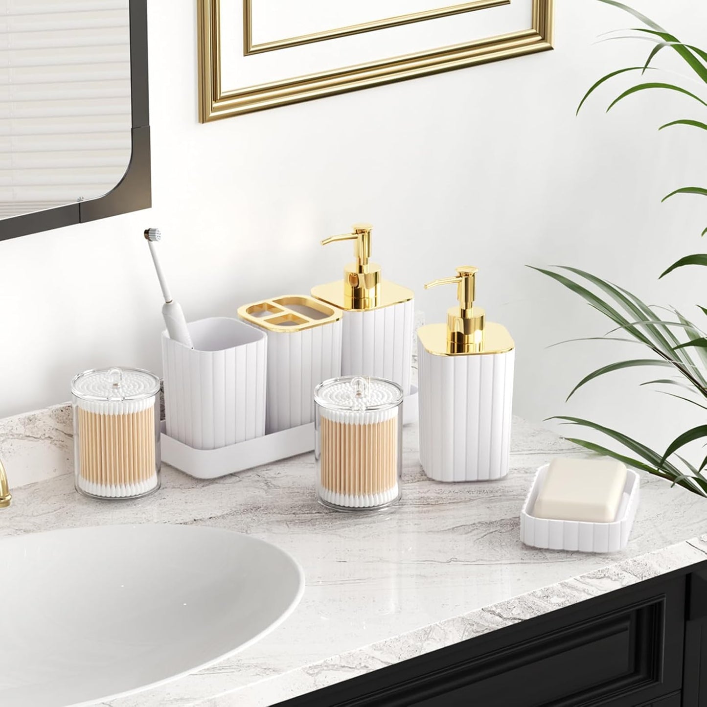 Bathroom Accessories Set - Gorgeous Bathroom Set, 10PC White Bathroom Accessory Set, Toilet Brush, Trash Can, Qtip Holder Dispenser & Soap Dispenser