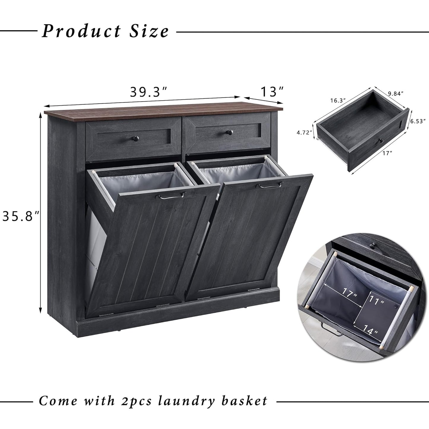 Double Tilt Out Trash Cabinet, 20 Gallon Farmhouse Laundry Hamper Cabinet with 2 Drawers, Hidden Wooden Trash Can Cabinets with Storage Basket for Kitchen, Living Room (Dark Grey)