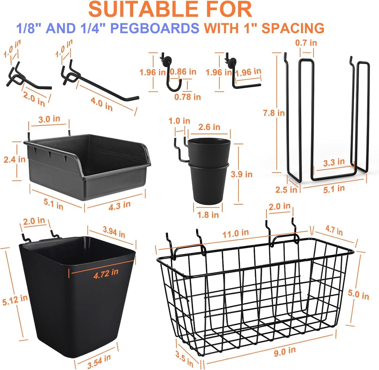 Pegboard Basket Organizers, Peg Board Large Baskets Hooks Bins Cups Tool Organizer 42 Pack Set, Wall Storage Display Hanging Accessories for Craft Office Stadio Shed Garage Organization (Black)