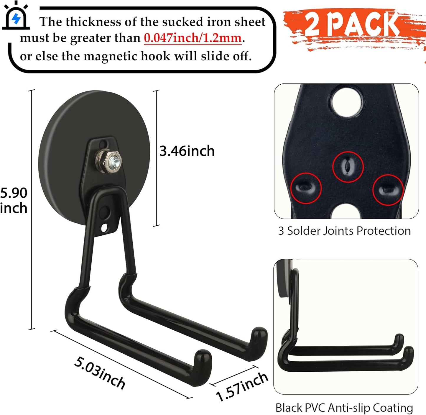 ULIBERMAGNET New Updated Gaint Magnetic Hooks,2 Pack Heavy Duty Large Magnetic Hooks for Extension Cord, Cable, Hose, Power Cord,Rope,Drill,Jig Saw,Circular Saw,Garden Lawn Tools (Black/3.46inch)