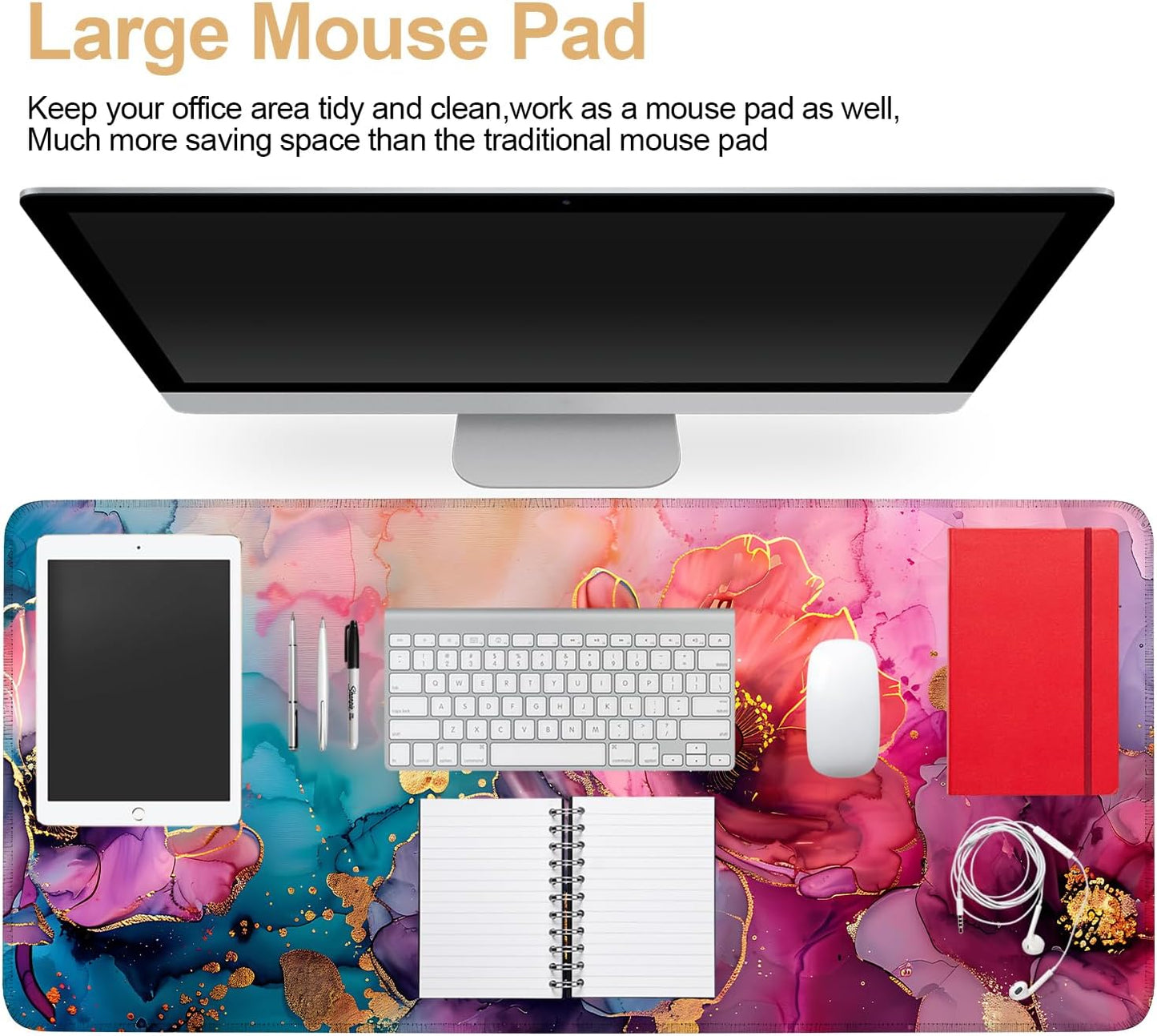 Large Mouse Pad, Floral Ink Desk Mat, Extended Gaming Mouse Pad with Non-Slip Rubber Base, Thick 3mm Smooth Surface Keyboard Mat for Office & Home，35.5 x 15.8 in