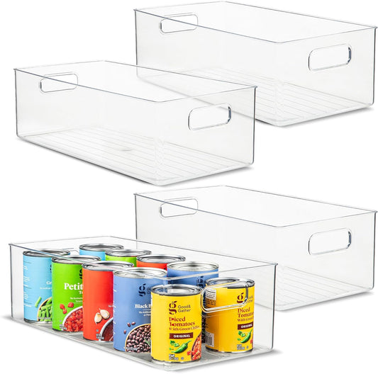 primebox Plastic Food Storage 4 Pack Clear Container Bin with Handles for Organizing Kitchen, Pantry, Refrigerator, Freezer, Pantry, Cabinet, Closet, Bathroom. 16”x8”x5”