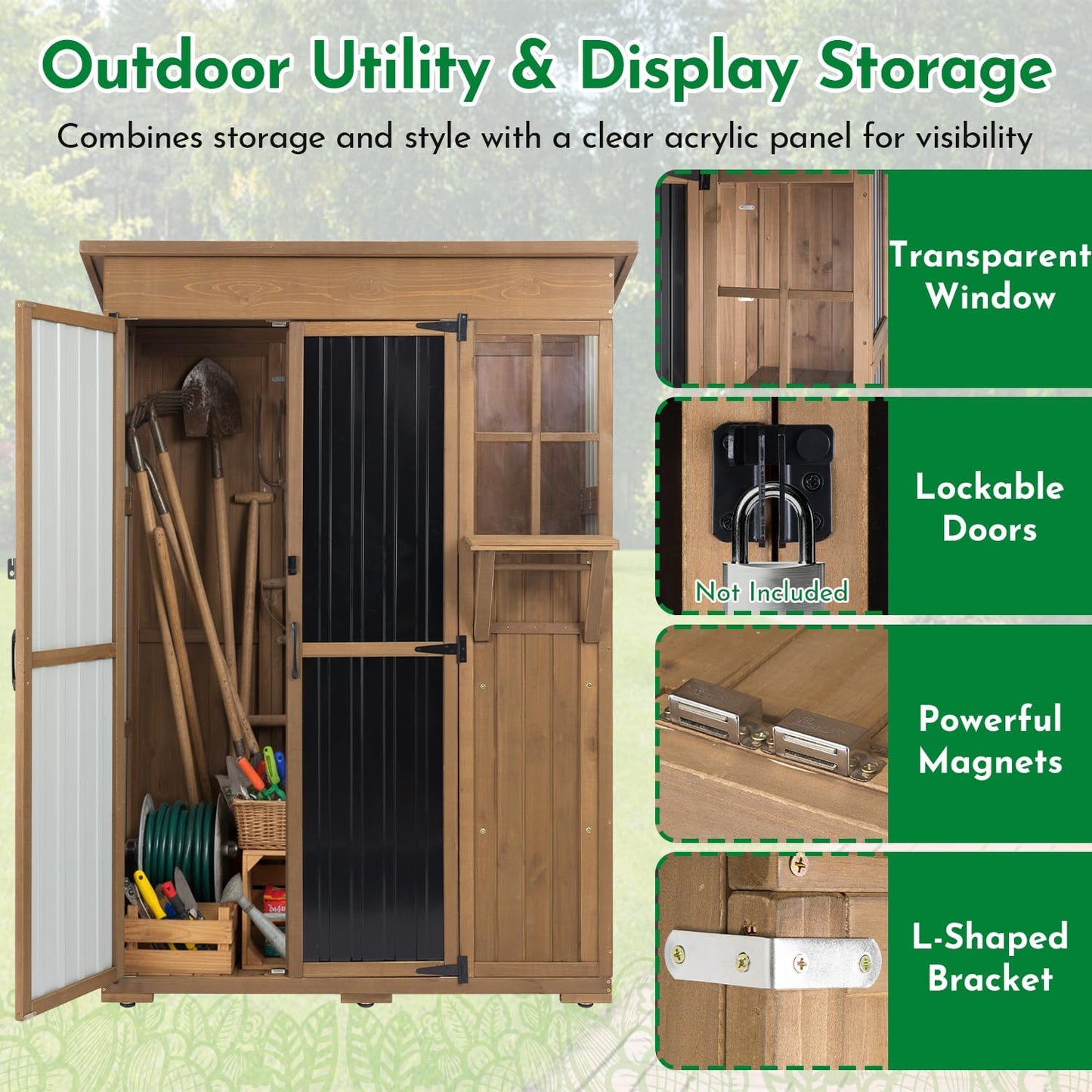Outdoor Storage Cabinet, Large Wood & Metal Garden Shed with Foldable Table, Weather-Resistant Asphalt Roof, Lockable Doors & Adjustable Feet for Patio, Backyard, or Garage (47"L x 20"W x 70"H)