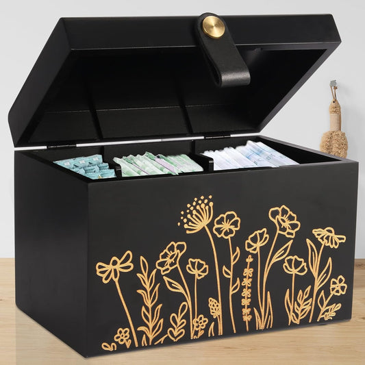 100% Solid Wood Tampon Holder Box with Lid, Copper Leather Pull, Absolute Real Wood Bathroom Decorative Box for Feminine Product Storage and Accessories such as Tampons, Cotton Balls, Gifts for Women