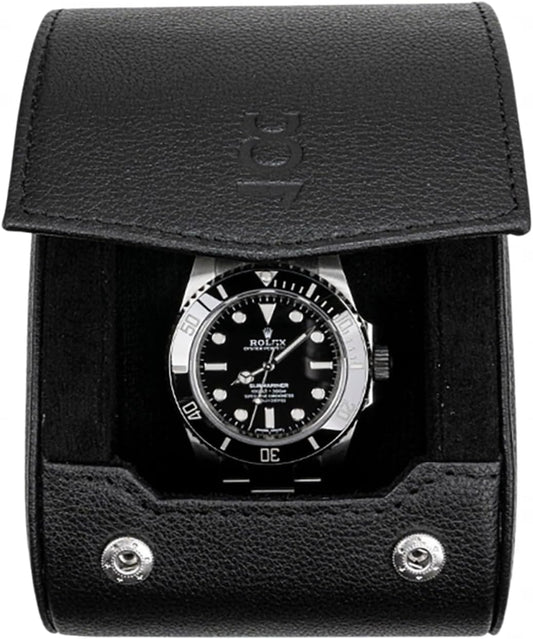 DailyWatch | Watch Roll Travel Case For 1 Watch | Luxury Watch Case In Genuine Black Leather With Soft Velvet Interior | Watch Case Protect, Store, & Display Your Watches | All Black