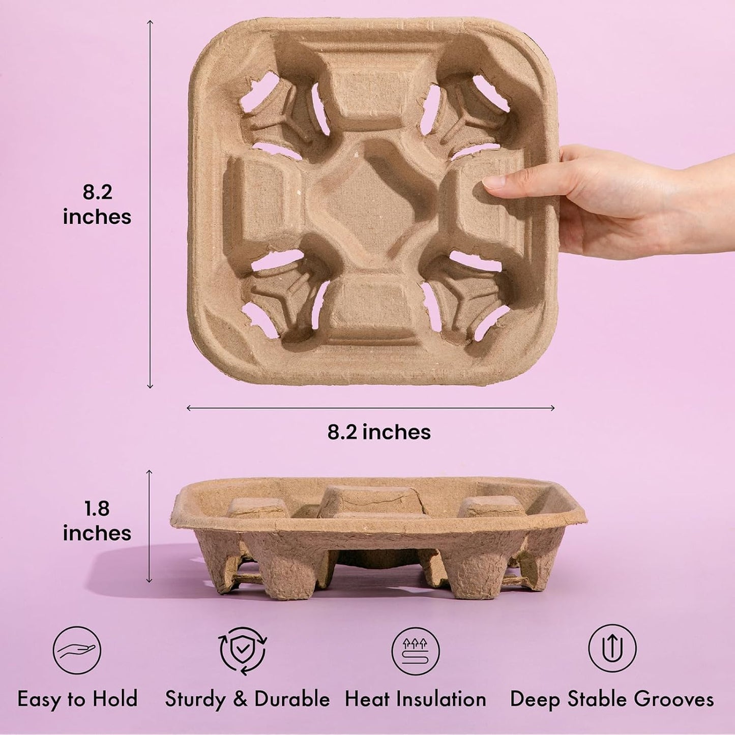 FMP Brands 4 Cup Disposable Drink Carrier Trays, 320 Pack Compostable Pulp Fiber Cup Holder for 8-32oz Cup, Durable to Go Coffee Cup Holders for Delivery Service, Uber Eats
