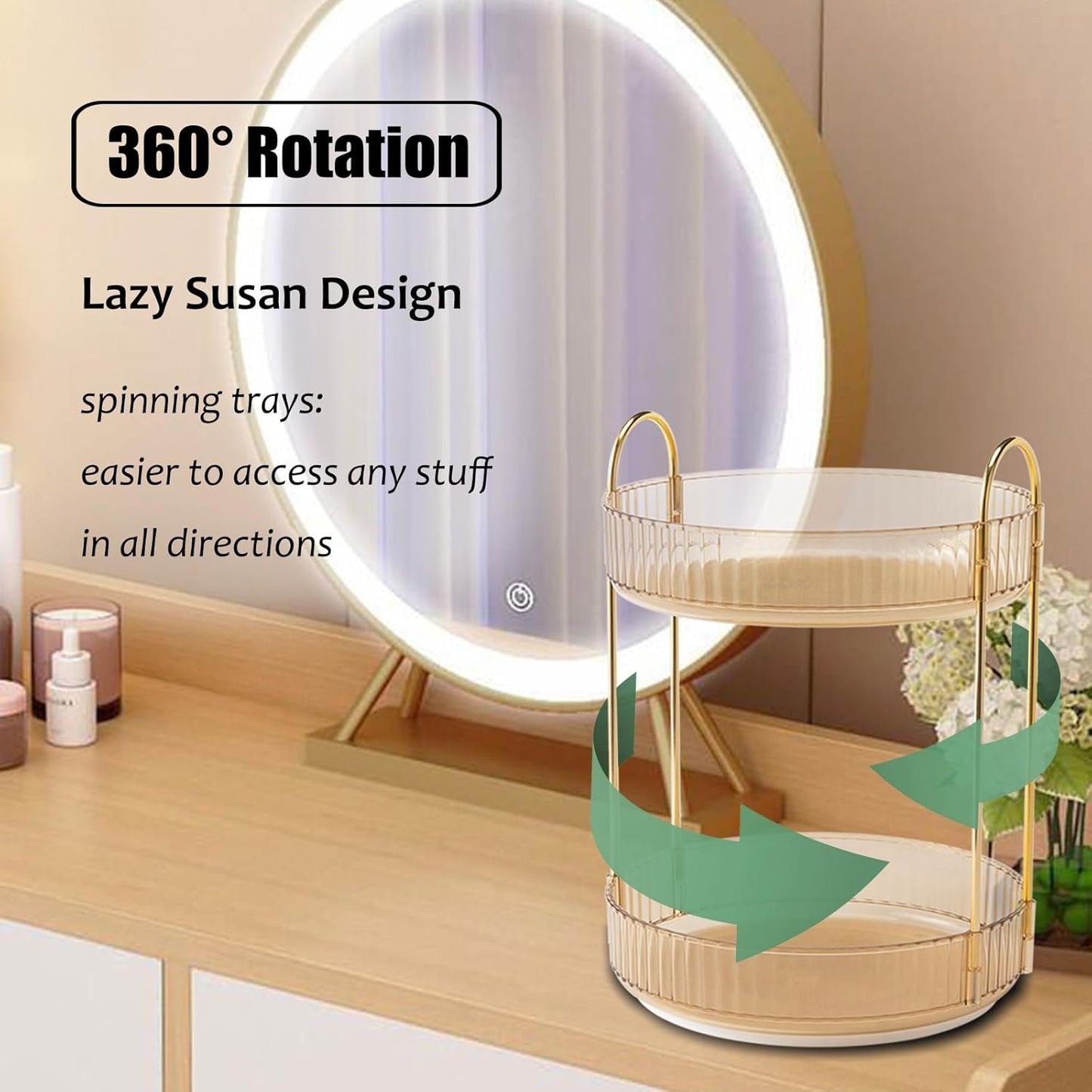 Rotating Makeup Organizer Countertop 2 Tier Lazy Susan Trays Clear Skincare Perfume Storage for Bathroom Counter Vanity, Amber Gold