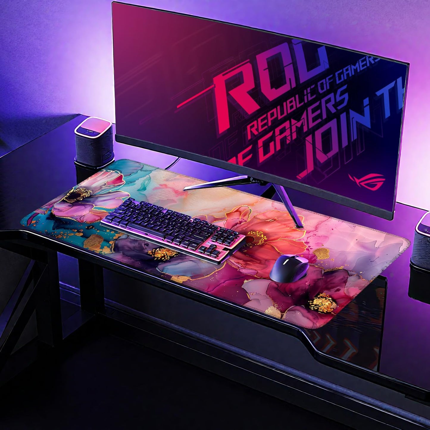 Large Mouse Pad, Floral Ink Desk Mat, Extended Gaming Mouse Pad with Non-Slip Rubber Base, Thick 3mm Smooth Surface Keyboard Mat for Office & Home，35.5 x 15.8 in