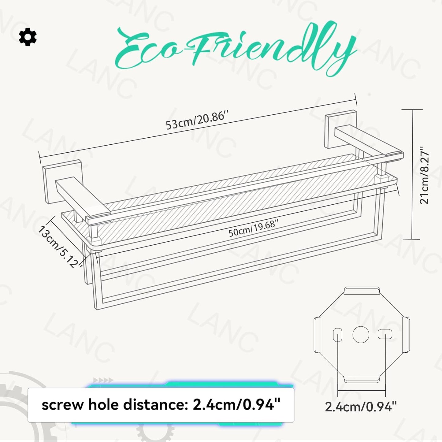 LANC Bathroom Shelf with Towel Bars - 20-Inch Silver Floating Tempered Glass Shelves with 2 Rails for Bathroom Kitchen Accessories Organizer Glass Rack Wall Mount Stainless Steel Chrome, A7617CP