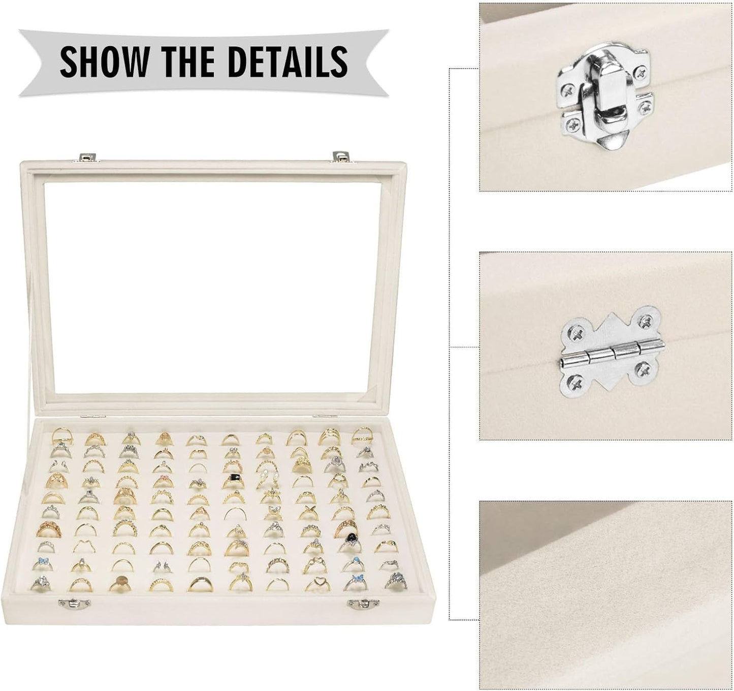 Velvet Ring Display Tray Organizer Box with Transparent Lid, 100 Slot Ring Holder Showcase For Store Display Jewelry Show Home, Ring Organizer For Rings Earrings (Beige)