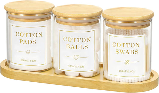 Luxspire Glass Qtip Holder with Vanity Tray, 3 Pack Cotton Swab Holder with Bamboo Lid, 13.4 oz Glass Apothecary Jars Bathroom Accessories Canisters for Cotton Swabs, Balls, Pads, Floss Picks