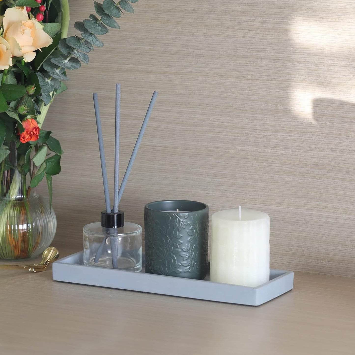 FREELOVE Concrete Countertop and Vanity Tray – Small Soap Dispenser Bottles Makeup Organizer Perfume Candle Key Trinket Ring Holder for Bathroom Toilet Tank Kitchen Sink, Grey, Rectangle 5.3''X11''