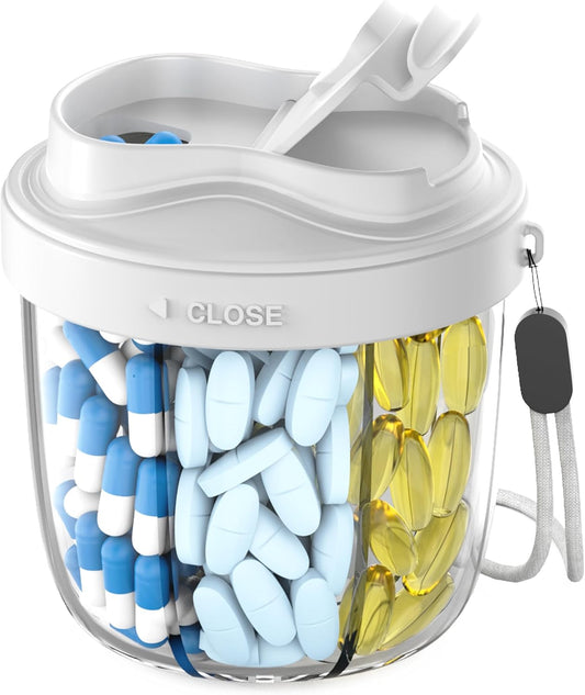 Cute Pill Organizer,Pill Dispenser with 7 Large Compartments,Portable Pill Bottle Box with Wide Opening for Easy Use, Anti-Mix Pills Organizer for Travel,Includes 20 Pcs Sticky Labels(Gray)