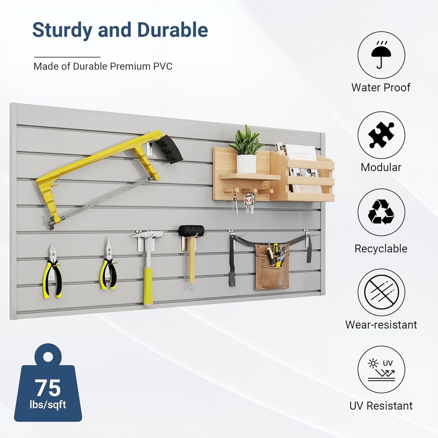 Slatwall Panel 4 FT x 2 FT, Interlocking Slat Wall Paneling, Wall Mounted PVC Slat Wall Panels, Suitable for Garage Storage, Slatwall Board, Shelves - Grey