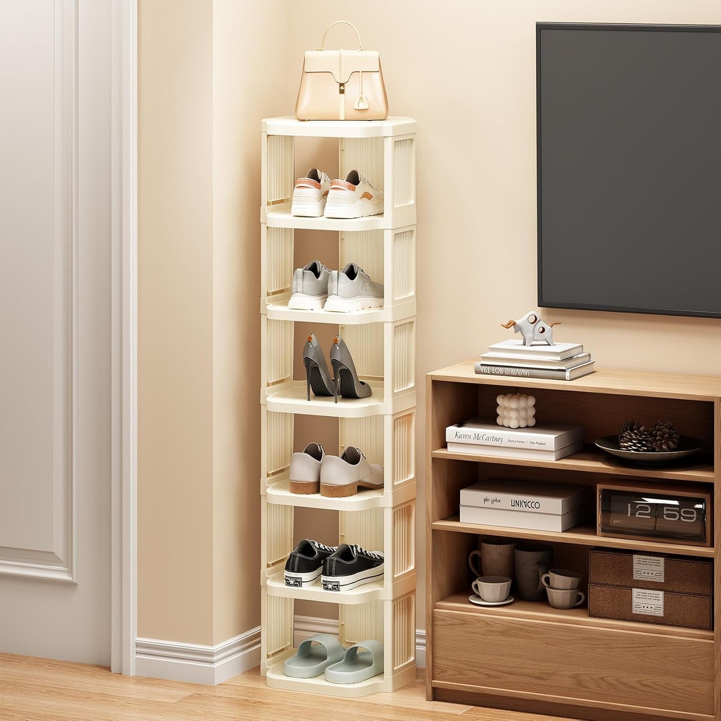 Kitstorack 10 Tiers Stackable Shoe Rack for Closet and Front Door Entrance - Free Standing Plastic Stand, Narrow Tall Vertical Organizer for Small Spaces Storage, White